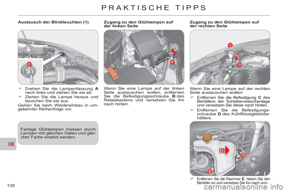 CITROEN C-CROSSER 2012  Betriebsanleitungen (in German) IX
PRAKTISCHE TIPPS
138
   
Austausch der Blinkleuchten (1) 
  Farbige Glühlampen müssen durch 
Lampen mit gleichen Daten und glei-
cher Farbe ersetzt werden.      
 
�) 
  Drehen Sie die Lampenfass