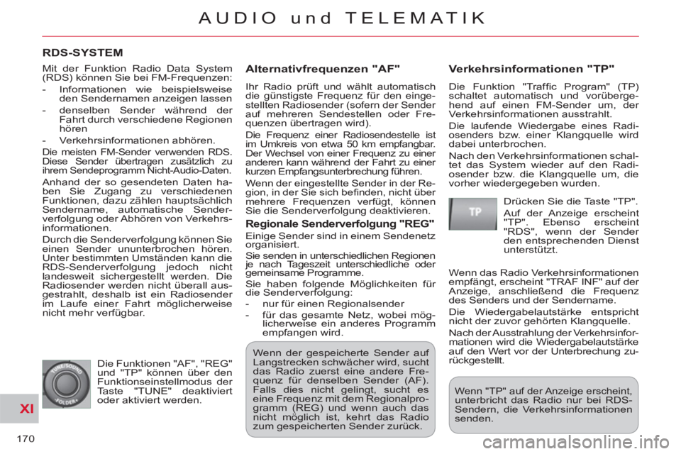 CITROEN C-CROSSER 2012 Betriebsanleitungen (in German) XI
170
AUDIO und TELEMATIK
RDS-SYSTEM
Alternativfre
quenzen "AF"
Ihr Radio prüft und wählt automatisch
die günstigste Frequenz für den einge-
stellten Radiosender (sofern der Sender
auf m CITROEN C-CROSSER 2012 Betriebsanleitungen (in German) XI
170
AUDIO und TELEMATIK
RDS-SYSTEM
Alternativfre
quenzen "AF"
Ihr Radio prüft und wählt automatisch
die günstigste Frequenz für den einge-
stellten Radiosender (sofern der Sender
auf m