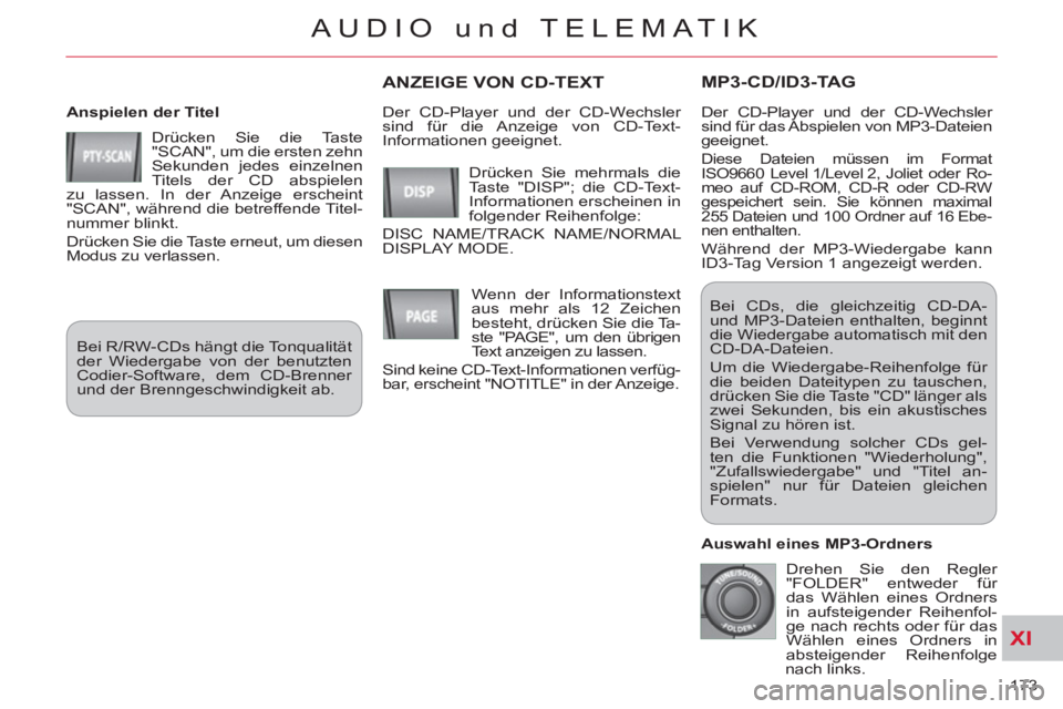 CITROEN C-CROSSER 2012 Betriebsanleitungen (in German) XI
173
AUDIO und TELEMATIK
MP3-CD/ID3-TAG
Anspielen der Titel
Drücken Sie die Taste
"SCAN", um die ersten zehn
Sekunden jedes einzelnen
Titels der CD abspielen
zu lassen. In der Anzeige CITROEN C-CROSSER 2012 Betriebsanleitungen (in German) XI
173
AUDIO und TELEMATIK
MP3-CD/ID3-TAG
Anspielen der Titel
Drücken Sie die Taste
"SCAN", um die ersten zehn
Sekunden jedes einzelnen
Titels der CD abspielen
zu lassen. In der Anzeige