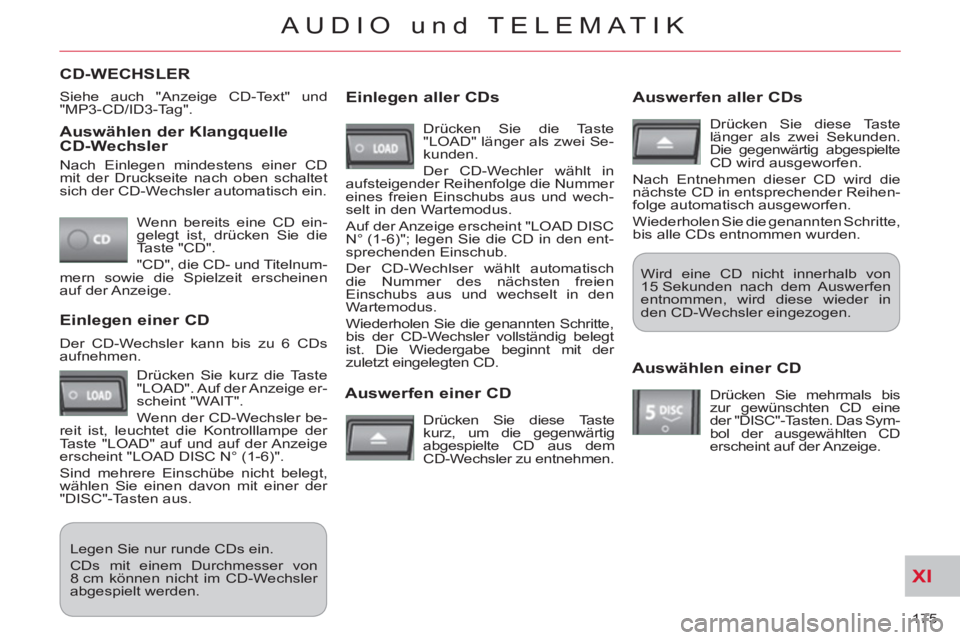 CITROEN C-CROSSER 2012 Betriebsanleitungen (in German) XI
175
AUDIO und TELEMATIK
Auswählen der Klangquelle
CD-Wechsler
Wenn bereits eine CD ein-
gelegt ist, drücken Sie die
Taste "CD".
"CD", die CD- und Titelnum-
mern sowie die Spielzeit e CITROEN C-CROSSER 2012 Betriebsanleitungen (in German) XI
175
AUDIO und TELEMATIK
Auswählen der Klangquelle
CD-Wechsler
Wenn bereits eine CD ein-
gelegt ist, drücken Sie die
Taste "CD".
"CD", die CD- und Titelnum-
mern sowie die Spielzeit e