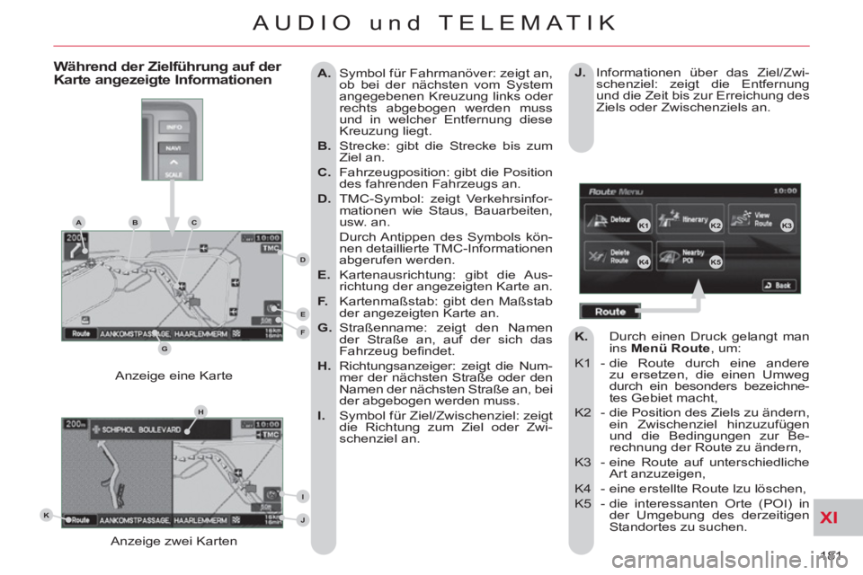 CITROEN C-CROSSER 2012 Betriebsanleitungen (in German) XI
181
AUDIO und TELEMATIK
A.
Symbol für Fahrmanöver: zeigt an,
ob bei der nächsten vom System
angegebenen Kreuzung links oder
rechts abgebogen werden muss
und in welcher Entfernung d CITROEN C-CROSSER 2012 Betriebsanleitungen (in German) XI
181
AUDIO und TELEMATIK
A.
Symbol für Fahrmanöver: zeigt an,
ob bei der nächsten vom System
angegebenen Kreuzung links oder
rechts abgebogen werden muss
und in welcher Entfernung d