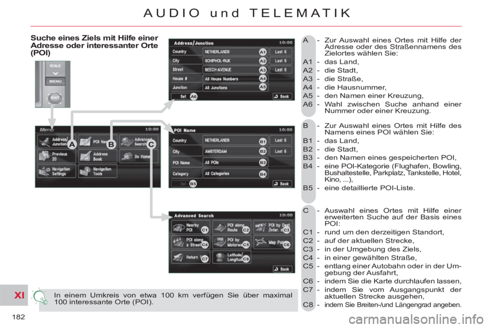 CITROEN C-CROSSER 2012 Betriebsanleitungen (in German) XI
182
AUDIO und TELEMATIK
B - Zur Auswahl eines Ortes mit Hilfe des
Namens eines POI wählen Sie:
B1 - das Land,
B2 - die Stadt,
B3 - den Namen eines gespeicherten POI,
B4 - CITROEN C-CROSSER 2012 Betriebsanleitungen (in German) XI
182
AUDIO und TELEMATIK
B - Zur Auswahl eines Ortes mit Hilfe des
Namens eines POI wählen Sie:
B1 - das Land,
B2 - die Stadt,
B3 - den Namen eines gespeicherten POI,
B4 -