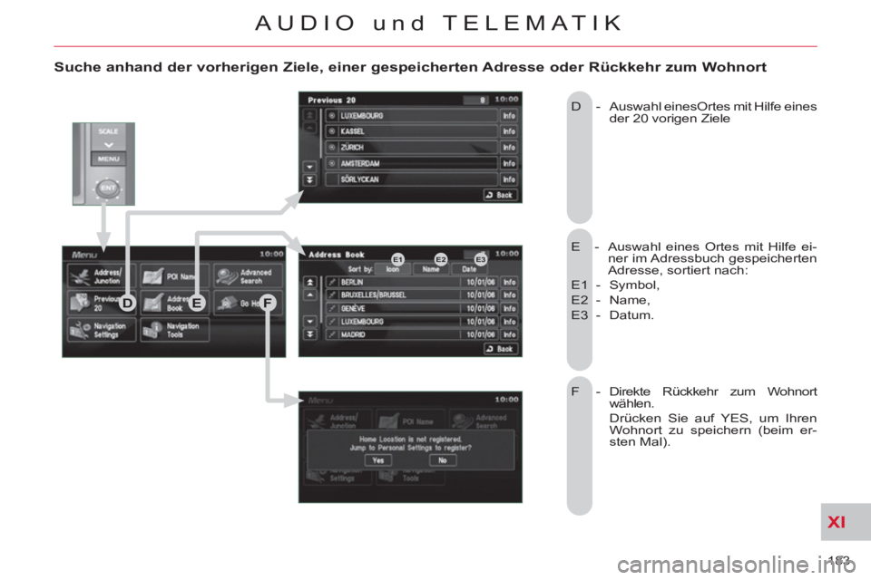 CITROEN C-CROSSER 2012 Betriebsanleitungen (in German) XI
183
AUDIO und TELEMATIK
Suche anhand der vorherigen Ziele, einer gespeicherten Adresse oder Rückkehr zum Wohnort
E - Auswahl eines Ortes mit Hilfe ei-
ner im Adressbuch gespeicherten
Ad CITROEN C-CROSSER 2012 Betriebsanleitungen (in German) XI
183
AUDIO und TELEMATIK
Suche anhand der vorherigen Ziele, einer gespeicherten Adresse oder Rückkehr zum Wohnort
E - Auswahl eines Ortes mit Hilfe ei-
ner im Adressbuch gespeicherten
Ad
