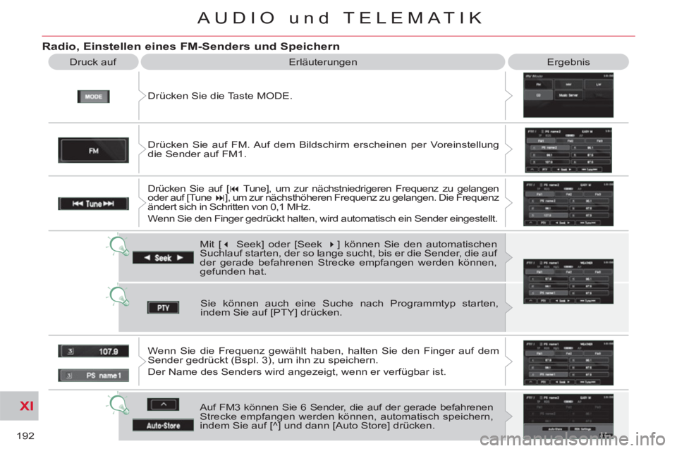CITROEN C-CROSSER 2012  Betriebsanleitungen (in German) XI
192
AUDIO und TELEMATIK
   
Radio, Einstellen eines FM-Senders und Speichern 
 
Drücken Sie die Taste MODE.    Druck auf   Erläuterungen  Ergebnis 
  Mit [ � 
 Seek] oder [Seek  � 
] können Si