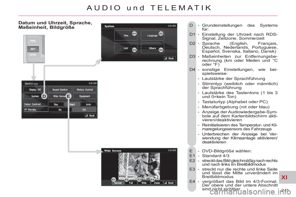 CITROEN C-CROSSER 2012 Betriebsanleitungen (in German) XI
211
AUDIO und TELEMATIK
Datum und Uhrzeit, Sprache, Maßeinheit, Bildgröße
E - DVD-Bildgröße wählen:
E1 - Standard 4/3
E2 - streckt das Bild gleichmäßig nach rechts
und nach CITROEN C-CROSSER 2012 Betriebsanleitungen (in German) XI
211
AUDIO und TELEMATIK
Datum und Uhrzeit, Sprache, Maßeinheit, Bildgröße
E - DVD-Bildgröße wählen:
E1 - Standard 4/3
E2 - streckt das Bild gleichmäßig nach rechts
und nach