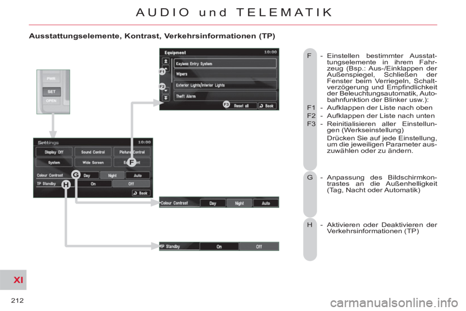 CITROEN C-CROSSER 2012 Betriebsanleitungen (in German) XI
212
AUDIO und TELEMATIK
Ausstattungselemente, Kontrast, Verkehrsinformationen (TP)
F - Einstellen bestimmter Ausstat-
tungselemente in ihrem Fahr-
zeug (Bsp.: Aus-/Einklappen der
Außenspie CITROEN C-CROSSER 2012 Betriebsanleitungen (in German) XI
212
AUDIO und TELEMATIK
Ausstattungselemente, Kontrast, Verkehrsinformationen (TP)
F - Einstellen bestimmter Ausstat-
tungselemente in ihrem Fahr-
zeug (Bsp.: Aus-/Einklappen der
Außenspie