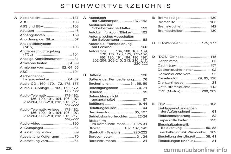 CITROEN C-CROSSER 2012  Betriebsanleitungen (in German) 230
STICHWORTVERZEICHNIS
AAbblendlicht .............................. 137
ABS .......................................... 103
ABS und EBV ........................... 103
Abtauen .......................