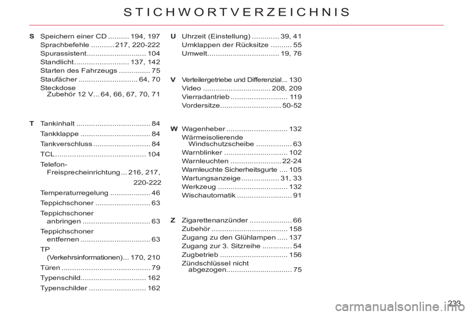 CITROEN C-CROSSER 2012 Betriebsanleitungen (in German) 233
STICHWORTVERZEICHNIS
TV Speichern einer CD .......... 194, 197
Sprachbefehle ........... 217, 220-222
Spurassistent ............................ 104
Standlicht .......................... 137, 14 CITROEN C-CROSSER 2012 Betriebsanleitungen (in German) 233
STICHWORTVERZEICHNIS
TV Speichern einer CD .......... 194, 197
Sprachbefehle ........... 217, 220-222
Spurassistent ............................ 104
Standlicht .......................... 137, 14