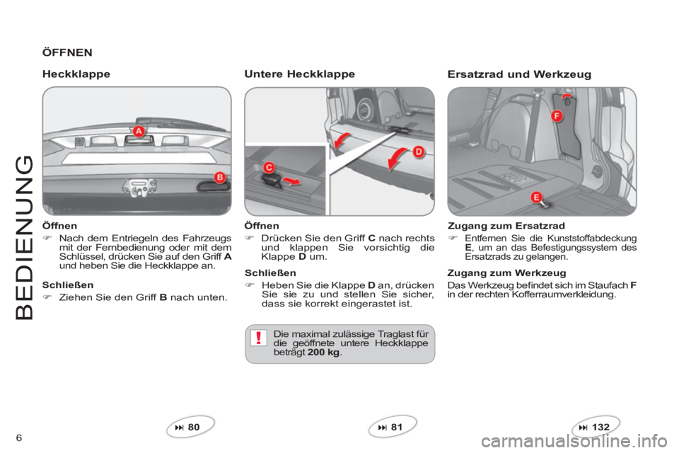 CITROEN C-CROSSER 2012  Betriebsanleitungen (in German) !
6
BEDIEN
U
N
G
   
Öffnen 
�) 
  Nach dem Entriegeln des Fahrzeugs
mit der Fernbedienung oder mit demSchlüssel, drücken Sie auf den Griff  Aund heben Sie die Heckklappe an.  
 
 
Heckklappe Unter