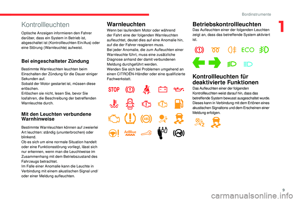 CITROEN C-ELYSÉE 2018 Betriebsanleitungen (in German) 9
Kontrollleuchten
Optische Anzeigen informieren den Fahrer
darüber, dass ein System in Betrieb ist,
abgeschaltet ist (Kontrollleuchten Ein/Aus) oder
eine Störung (Warnleuchte) aufweist.
Bei eing CITROEN C-ELYSÉE 2018 Betriebsanleitungen (in German) 9
Kontrollleuchten
Optische Anzeigen informieren den Fahrer
darüber, dass ein System in Betrieb ist,
abgeschaltet ist (Kontrollleuchten Ein/Aus) oder
eine Störung (Warnleuchte) aufweist.
Bei eing