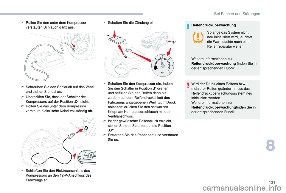 CITROEN C-ELYSÉE 2018  Betriebsanleitungen (in German) 121
F Überprüfen Sie, dass der Schalter des Kompressors auf der Position „ O“ steht.
F
 
R
 ollen Sie das unter dem Kompressor 
verstaute elektrische Kabel vollständig ab.
F
 
R
 ollen Sie den 