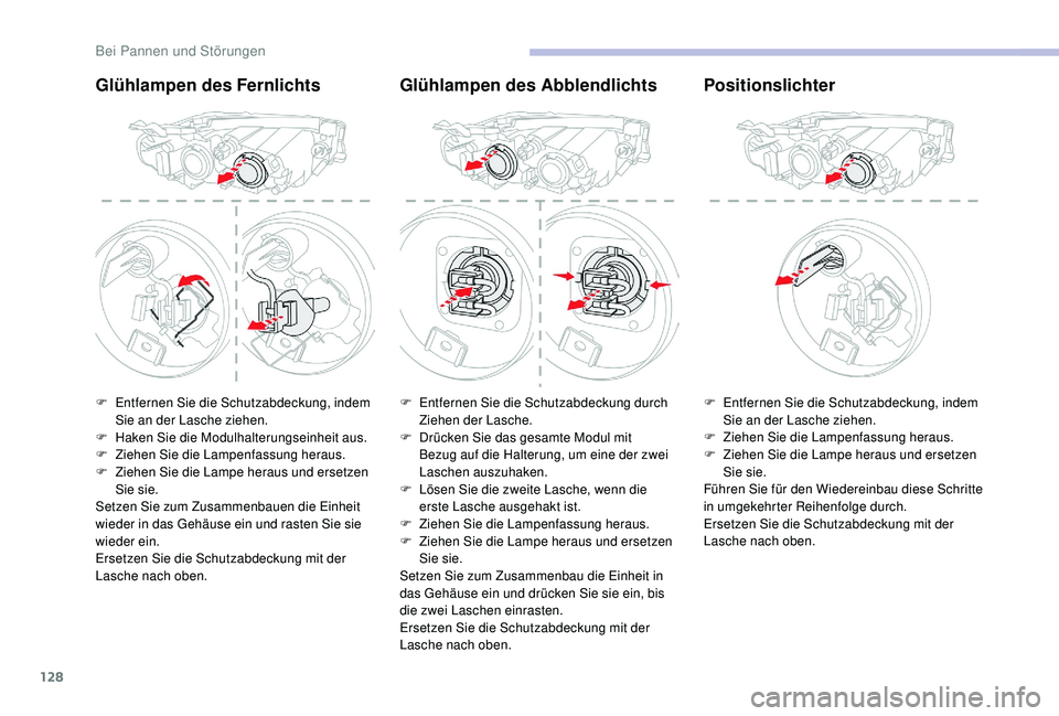 CITROEN C-ELYSÉE 2018  Betriebsanleitungen (in German) 128
Glühlampen des FernlichtsGlühlampen des AbblendlichtsPositionslichter
F Entfernen Sie die Schutzabdeckung, indem 
Sie an der Lasche ziehen.
F
 
H
 aken Sie die Modulhalterungseinheit aus.
F
 
Z
