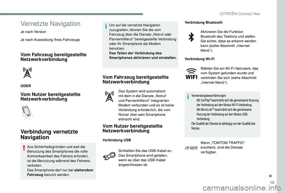 CITROEN C-ELYSÉE 2018  Betriebsanleitungen (in German) 15
Vernetzte Navigation
Je nach Version
Je nach Ausstattung Ihres Fahrzeugs
Vom Fahrzeug bereitgestellte 
Netzwerkverbindung
ODER
Vom Nutzer bereitgestellte 
Netzwerkverbindung
Verbindung vernetzte 
N