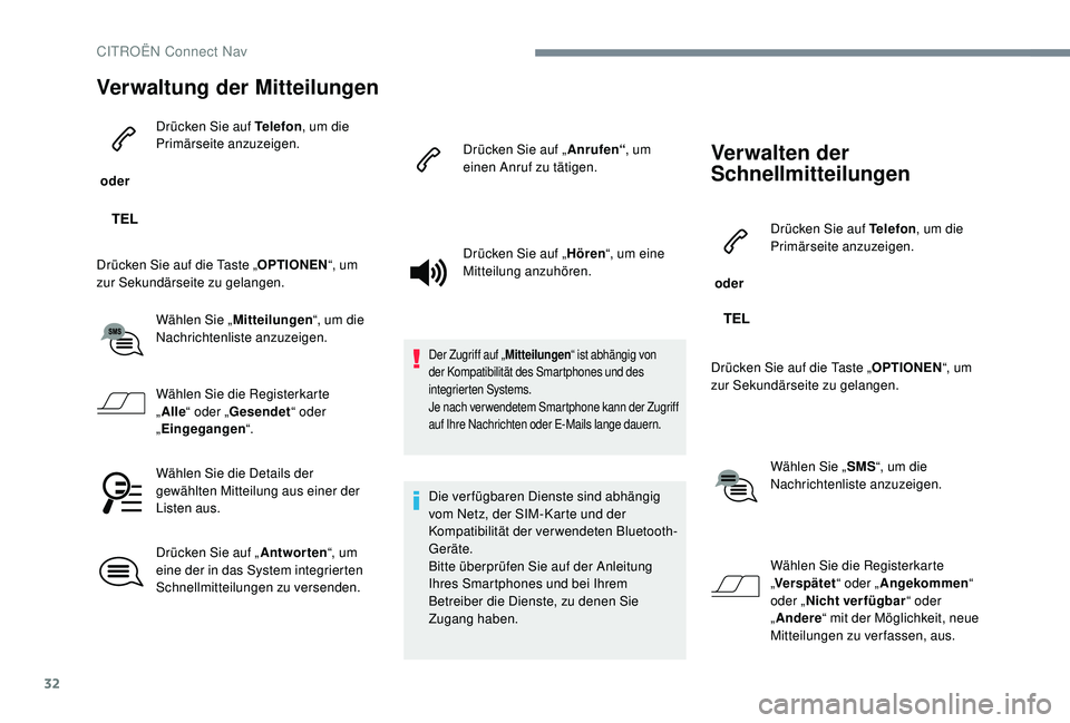 CITROEN C-ELYSÉE 2018  Betriebsanleitungen (in German) 32
Verwaltung der Mitteilungen
 oder Drücken Sie auf Telefon
, um die 
Primärseite anzuzeigen.
Drücken Sie auf die Taste „ OPTIONEN“, um 
zur Sekundärseite zu gelangen.
Wählen Sie „ Mitteil