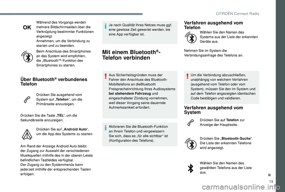 CITROEN C-ELYSÉE 2018 Betriebsanleitungen (in German) 15
Während des Vorgangs werden
mehrere Bildschirmseiten über die
Verknüpfung bestimmter Funktionen
angezeigt.
Annehmen, um die Verbindung zu
starten und zu beenden.
Beim Anschluss des Smartphon CITROEN C-ELYSÉE 2018 Betriebsanleitungen (in German) 15
Während des Vorgangs werden
mehrere Bildschirmseiten über die
Verknüpfung bestimmter Funktionen
angezeigt.
Annehmen, um die Verbindung zu
starten und zu beenden.
Beim Anschluss des Smartphon