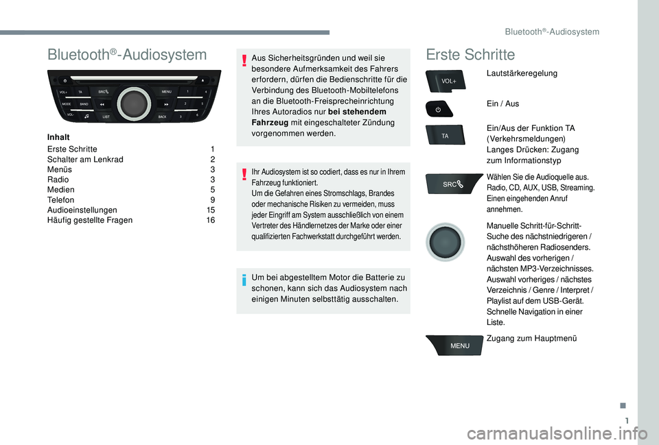 CITROEN C-ELYSÉE 2018  Betriebsanleitungen (in German) 1
VOL+
TA
Bluetooth®-Audiosystem
Inhalt
Erste Schritte  
1
S

chalter am Lenkrad   
2
M

enüs   
3
R

adio   
3
M

edien   
5
T

elefon   
9
A

udioeinstellungen   
1
 5
Häufig gestellte Fragen 
 
