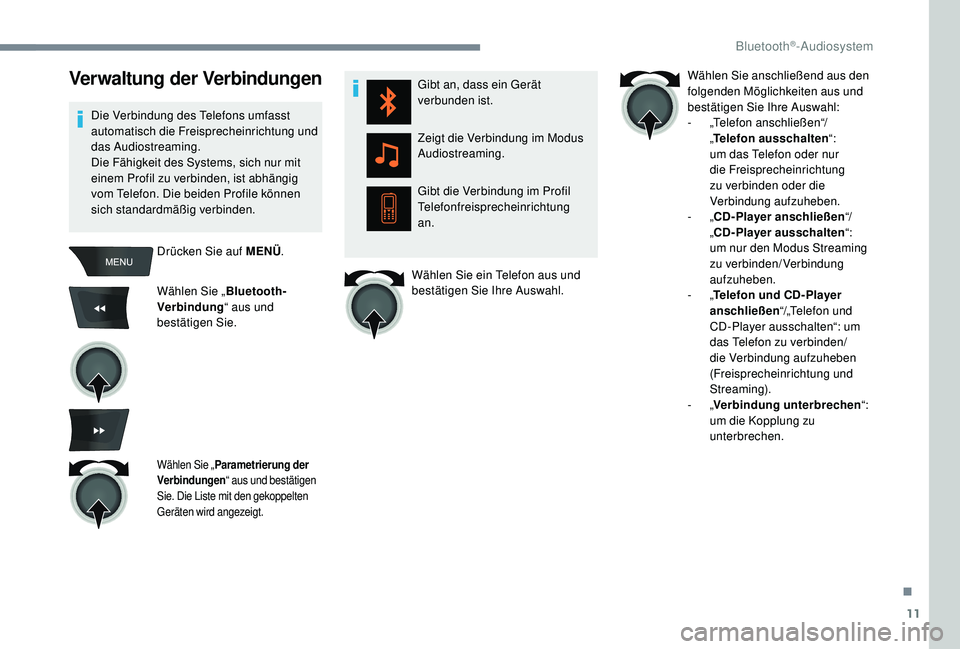 CITROEN C-ELYSÉE 2018 Betriebsanleitungen (in German) 11
Verwaltung der Verbindungen
Die Verbindung des Telefons umfasst
automatisch die Freisprecheinrichtung und
das Audiostreaming.
Die Fähigkeit des Systems, sich nur mit
einem Profil zu verbinden, CITROEN C-ELYSÉE 2018 Betriebsanleitungen (in German) 11
Verwaltung der Verbindungen
Die Verbindung des Telefons umfasst
automatisch die Freisprecheinrichtung und
das Audiostreaming.
Die Fähigkeit des Systems, sich nur mit
einem Profil zu verbinden,