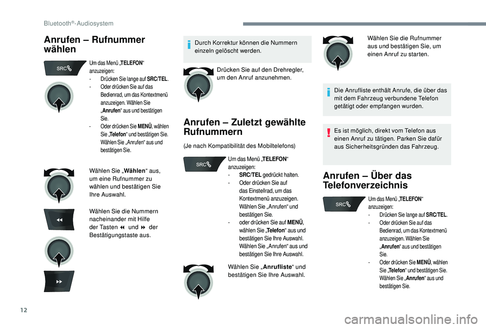 CITROEN C-ELYSÉE 2018 Betriebsanleitungen (in German) 12
Anrufen – Rufnummer
wählenDurch Korrektur können die Nummern
einzeln gelöscht werden.Drücken Sie auf den Drehregler,
um den Anruf anzunehmen.
Anrufen – Zuletzt gewählte
Rufnummern
(Je CITROEN C-ELYSÉE 2018 Betriebsanleitungen (in German) 12
Anrufen – Rufnummer
wählenDurch Korrektur können die Nummern
einzeln gelöscht werden.Drücken Sie auf den Drehregler,
um den Anruf anzunehmen.
Anrufen – Zuletzt gewählte
Rufnummern
(Je