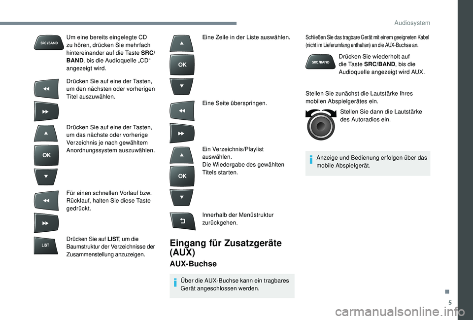 CITROEN C-ELYSÉE 2018 Betriebsanleitungen (in German) 5
Um eine bereits eingelegte CD
zu hören, drücken Sie mehr fach
hintereinander auf die Taste SRC/
BAND, bis die Audioquelle „CD“
angezeigt wird.
Drücken Sie auf eine der Tasten,
um den näc CITROEN C-ELYSÉE 2018 Betriebsanleitungen (in German) 5
Um eine bereits eingelegte CD
zu hören, drücken Sie mehr fach
hintereinander auf die Taste SRC/
BAND, bis die Audioquelle „CD“
angezeigt wird.
Drücken Sie auf eine der Tasten,
um den näc