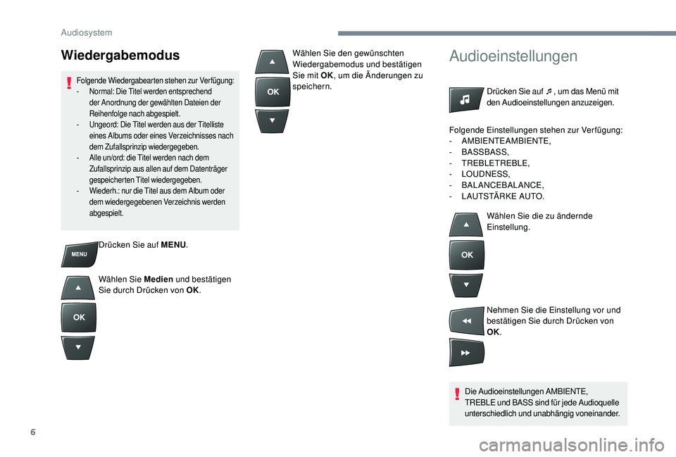 CITROEN C-ELYSÉE 2018 Betriebsanleitungen (in German) 6
Drücken Sie auf MENU.
Wählen Sie Medien und bestätigen
Sie durch Drücken von OK.
Audioeinstellungen
Drücken Sie auf ¯ , um das Menü mit
den Audioeinstellungen anzuzeigen.
Die Audioeinstell CITROEN C-ELYSÉE 2018 Betriebsanleitungen (in German) 6
Drücken Sie auf MENU.
Wählen Sie Medien und bestätigen
Sie durch Drücken von OK.
Audioeinstellungen
Drücken Sie auf ¯ , um das Menü mit
den Audioeinstellungen anzuzeigen.
Die Audioeinstell