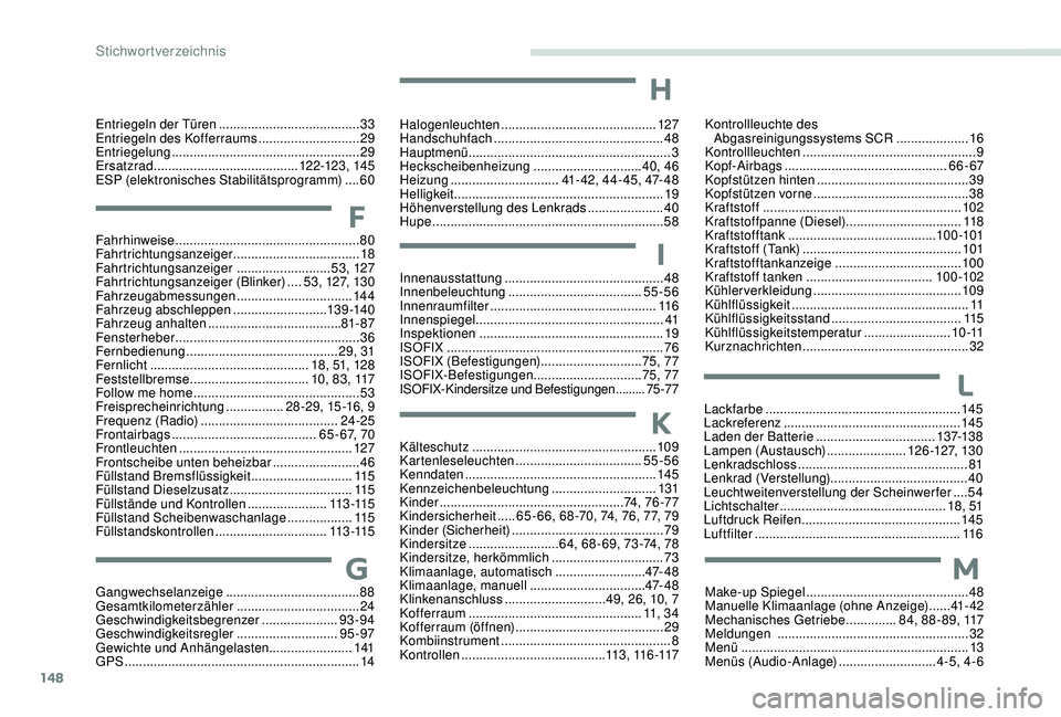 CITROEN C-ELYSÉE 2018  Betriebsanleitungen (in German) 148
Entriegeln der Türen .......................................33
E ntriegeln des Kofferraums  ............................29
Entriegelung
 

.................................................... 29
