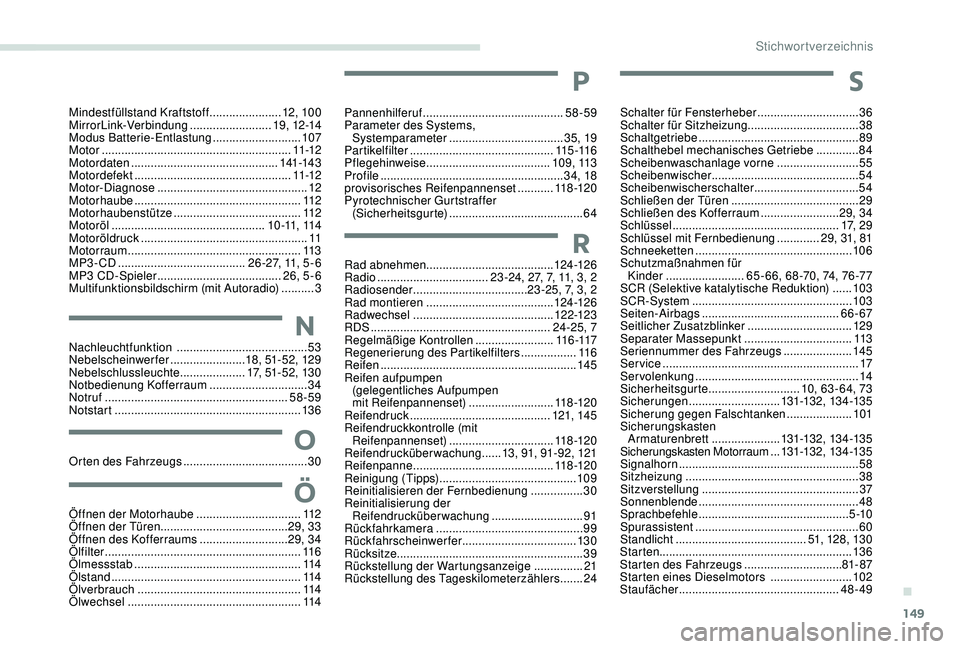 CITROEN C-ELYSÉE 2018  Betriebsanleitungen (in German) 149
Schalter für Fensterheber ...............................36
Schalter für Sitzheizung  ..................................38
Schaltgetriebe
 ...............................

..................89
S
