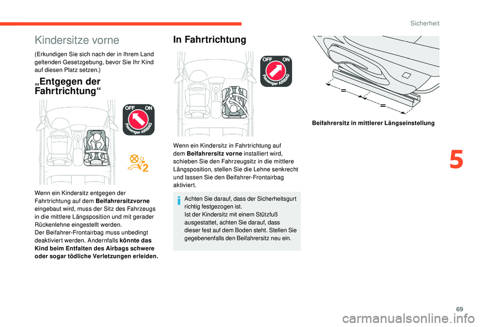 CITROEN C-ELYSÉE 2018  Betriebsanleitungen (in German) 69
Kindersitze vorne
(Erkundigen Sie sich nach der in Ihrem Land 
geltenden Gesetzgebung, bevor Sie Ihr Kind 
auf diesen Platz setzen.)
„Entgegen der 
Fahrtrichtung“In Fahrtrichtung
Achten Sie dar
