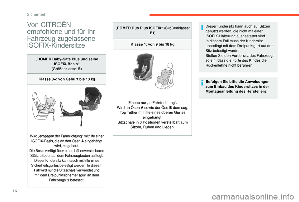 CITROEN C-ELYSÉE 2018  Betriebsanleitungen (in German) 76
Von CITROËN 
empfohlene und für Ihr 
Fahrzeug zugelassene 
ISOFIX-Kindersitze
„RÖMER Baby- Safe Plus und seine ISOFIX-Basis“
(Größenklasse: E )
Klasse 0+: von Gebur t bis 13
  kg
Wird „e