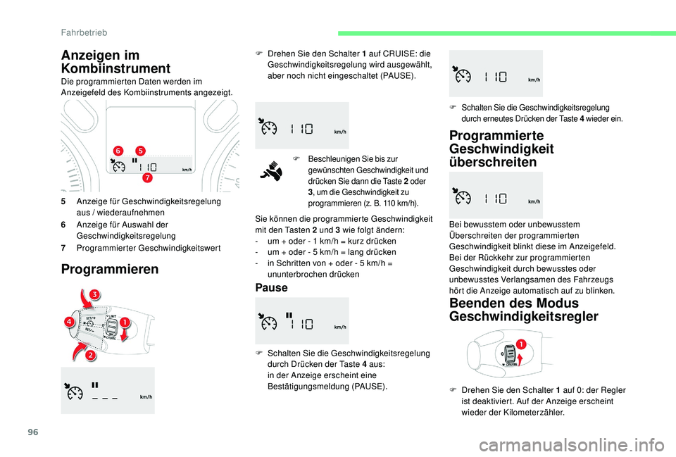 CITROEN C-ELYSÉE 2018 Betriebsanleitungen (in German) 96
5Anzeige für Geschwindigkeitsregelung
aus / wiederaufnehmen
6 Anzeige für Auswahl der
Geschwindigkeitsregelung
7 Programmierter Geschwindigkeitswert
Programmieren
F Drehen Sie den Schalter 1 CITROEN C-ELYSÉE 2018 Betriebsanleitungen (in German) 96
5Anzeige für Geschwindigkeitsregelung
aus / wiederaufnehmen
6 Anzeige für Auswahl der
Geschwindigkeitsregelung
7 Programmierter Geschwindigkeitswert
Programmieren
F Drehen Sie den Schalter 1