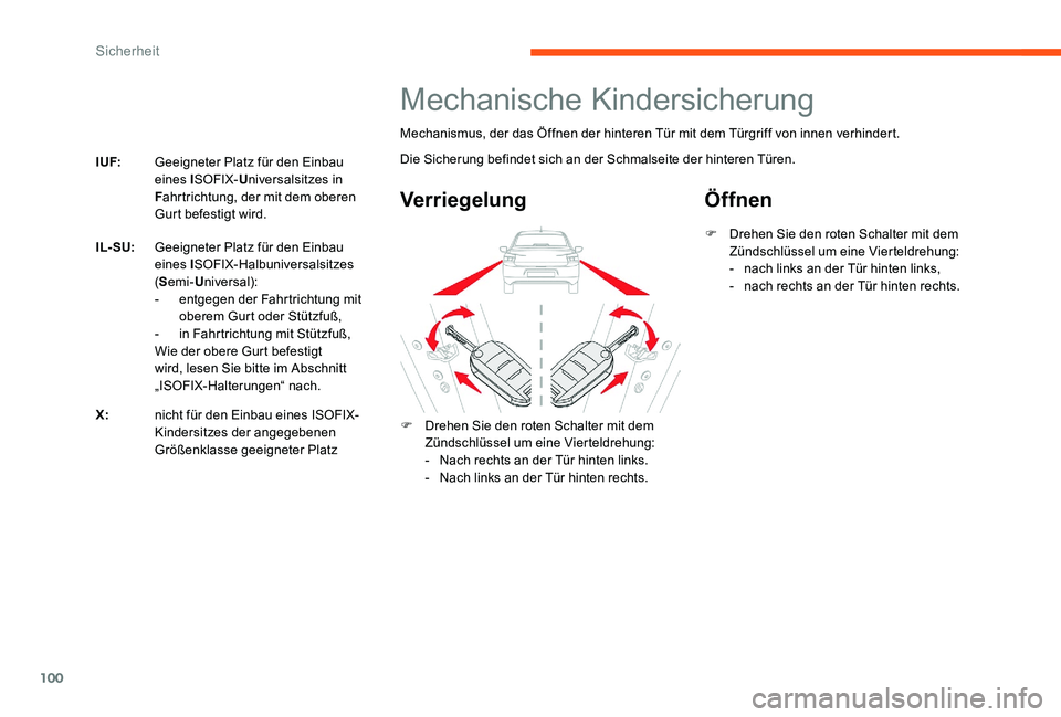 CITROEN C-ELYSÉE 2017 Betriebsanleitungen (in German) 100
I UF:Geeigneter Platz für den Einbau
eines ISOFIX- Universalsitzes in
F ahrtrichtung, der mit dem oberen
Gurt befestigt wird.
IL
S
U: Geeigneter Platz für den Einbau
eines I SOFIX-Halbuni CITROEN C-ELYSÉE 2017 Betriebsanleitungen (in German) 100
I UF:Geeigneter Platz für den Einbau
eines ISOFIX- Universalsitzes in
F ahrtrichtung, der mit dem oberen
Gurt befestigt wird.
IL
S
U: Geeigneter Platz für den Einbau
eines I SOFIX-Halbuni