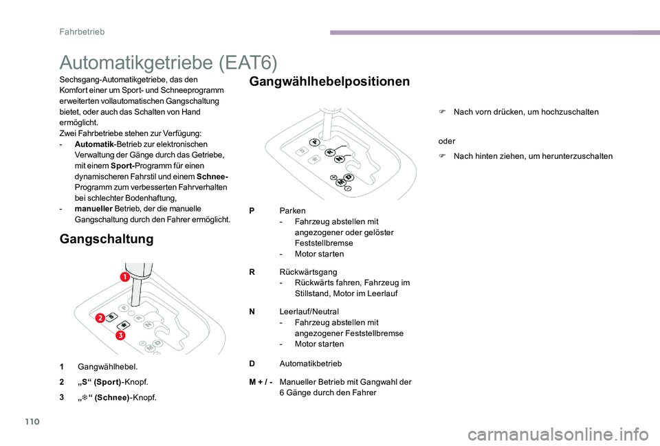 CITROEN C-ELYSÉE 2017 Betriebsanleitungen (in German) 110
Automatikgetriebe (EAT6)
Sechsgang-Automatikgetriebe, das den
Komfort einer um Sport- und Schneeprogramm
erweiterten vollautomatischen Gangschaltung
bietet, oder auch das Schalten von Hand
erm CITROEN C-ELYSÉE 2017 Betriebsanleitungen (in German) 110
Automatikgetriebe (EAT6)
Sechsgang-Automatikgetriebe, das den
Komfort einer um Sport- und Schneeprogramm
erweiterten vollautomatischen Gangschaltung
bietet, oder auch das Schalten von Hand
erm