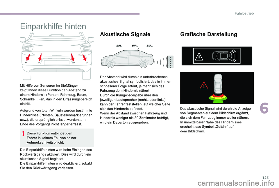 CITROEN C-ELYSÉE 2017 Betriebsanleitungen (in German) 125
Einparkhilfe hinten
Mit Hilfe von Sensoren im Stoßfänger
zeigt Ihnen diese Funktion den Abstand zu
einem Hindernis (Person, Fahrzeug, Baum,
Schranke ...) an, das in den Er fassungsbereich
e CITROEN C-ELYSÉE 2017 Betriebsanleitungen (in German) 125
Einparkhilfe hinten
Mit Hilfe von Sensoren im Stoßfänger
zeigt Ihnen diese Funktion den Abstand zu
einem Hindernis (Person, Fahrzeug, Baum,
Schranke ...) an, das in den Er fassungsbereich
e