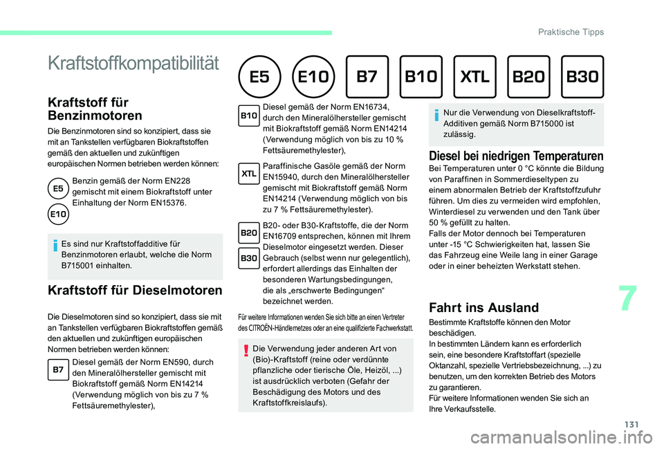 CITROEN C-ELYSÉE 2017 Betriebsanleitungen (in German) 131
Kraftstoff für
Benzinmotoren
Die Benzinmotoren sind so konzipiert, dass sie
mit an Tankstellen verfügbaren Biokraftstoffen
gemäß den aktuellen und zukünftigen
europäischen Normen betrieb CITROEN C-ELYSÉE 2017 Betriebsanleitungen (in German) 131
Kraftstoff für
Benzinmotoren
Die Benzinmotoren sind so konzipiert, dass sie
mit an Tankstellen verfügbaren Biokraftstoffen
gemäß den aktuellen und zukünftigen
europäischen Normen betrieb