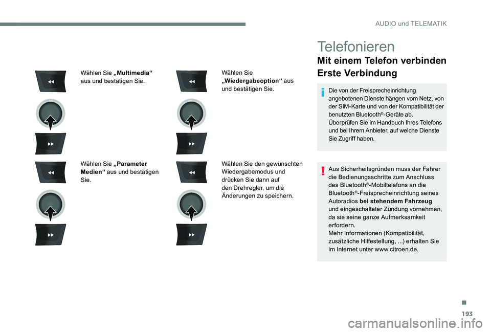 CITROEN C-ELYSÉE 2017 Betriebsanleitungen (in German) 193
Telefonieren
Mit einem Telefon verbinden
Erste Verbindung
Die von der Freisprecheinrichtung
angebotenen Dienste hängen vom Netz, von
der SIM-Karte und von der Kompatibilität der
benutzten Blu CITROEN C-ELYSÉE 2017 Betriebsanleitungen (in German) 193
Telefonieren
Mit einem Telefon verbinden
Erste Verbindung
Die von der Freisprecheinrichtung
angebotenen Dienste hängen vom Netz, von
der SIM-Karte und von der Kompatibilität der
benutzten Blu