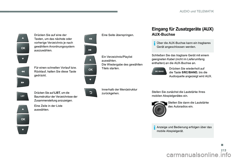 CITROEN C-ELYSÉE 2017 Betriebsanleitungen (in German) 213
Eingang für Zusatzgeräte (AUX)
AUXÂBuchse
Über die AUX-Buchse kann ein tragbares
Gerät angeschlossen werden.
Anzeige und Bedienung erfolgen über das
mobile Abspielgerät.
Schließen Sie da CITROEN C-ELYSÉE 2017 Betriebsanleitungen (in German) 213
Eingang für Zusatzgeräte (AUX)
AUXÂBuchse
Über die AUX-Buchse kann ein tragbares
Gerät angeschlossen werden.
Anzeige und Bedienung erfolgen über das
mobile Abspielgerät.
Schließen Sie da