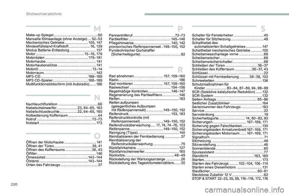 CITROEN C-ELYSÉE 2017 Betriebsanleitungen (in German) 220
Nachleuchtfunktion ........................................66
N ebelscheinwerfer .....................23, 64–65 , 163
Nebelschlussleuchte
..................22, 64–65 , 165
Notbedienung Ko CITROEN C-ELYSÉE 2017 Betriebsanleitungen (in German) 220
Nachleuchtfunktion ........................................66
N ebelscheinwerfer .....................23, 64–65 , 163
Nebelschlussleuchte
..................22, 64–65 , 165
Notbedienung Ko