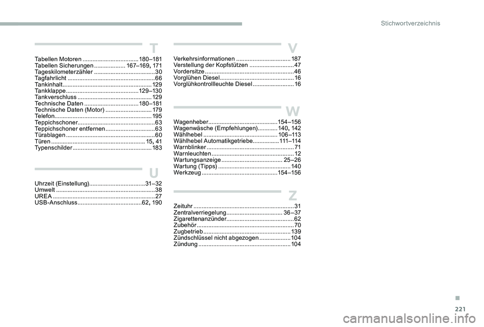 CITROEN C-ELYSÉE 2017 Betriebsanleitungen (in German) 221
Tabellen Motoren ..................................18 0 –181
Tabellen Sicherungen ................... 16
7–169, 171
Tageskilometerzähler
..................................... 30
Tagfahrlic CITROEN C-ELYSÉE 2017 Betriebsanleitungen (in German) 221
Tabellen Motoren ..................................18 0 –181
Tabellen Sicherungen ................... 16
7–169, 171
Tageskilometerzähler
..................................... 30
Tagfahrlic
