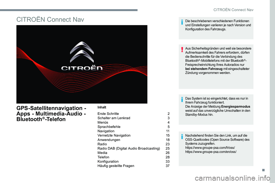 CITROEN C-ELYSÉE 2017  Betriebsanleitungen (in German) 1
CITROËN Connect Nav
GPS-Satellitennavigation -  
Apps - Multimedia-Audio - 
Bluetooth
®-Telefon
Inhalt
Erste Schritte  2
S chalter am Lenkrad   3
M
enüs   
4
Sp

rachbefehle   
5
N

avigation   
