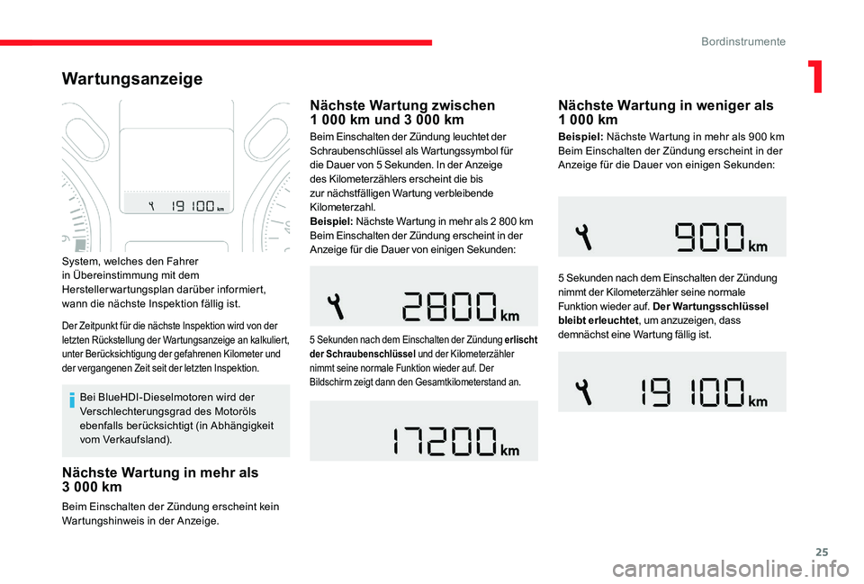 CITROEN C-ELYSÉE 2017  Betriebsanleitungen (in German) 25
Wartungsanzeige
Bei BlueHDI-Dieselmotoren wird der 
Verschlechterungsgrad des Motoröls 
ebenfalls berücksichtigt (in Abhängigkeit 
vom Verkaufsland).
Beim Einschalten der Zündung erscheint kein