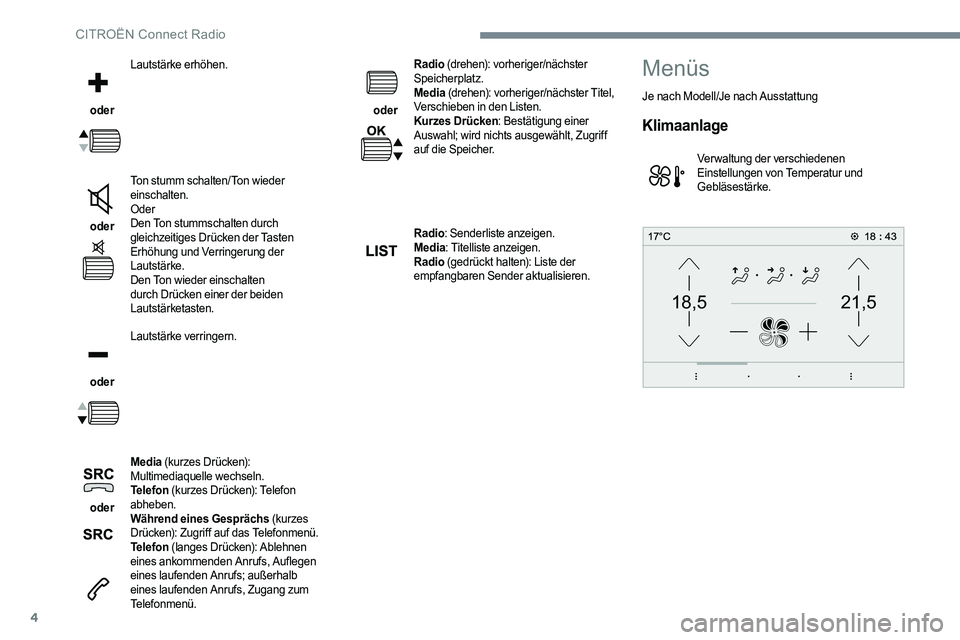 CITROEN C-ELYSÉE 2017 Betriebsanleitungen (in German) 4
21,518,5
oder Lautstärke erhöhen.
oder Ton stumm schalten/Ton wieder
einschalten.
Oder
Den Ton stummschalten durch
gleichzeitiges Drücken der Tasten
Erhöhung und Verringerung der
Lautstä CITROEN C-ELYSÉE 2017 Betriebsanleitungen (in German) 4
21,518,5
oder Lautstärke erhöhen.
oder Ton stumm schalten/Ton wieder
einschalten.
Oder
Den Ton stummschalten durch
gleichzeitiges Drücken der Tasten
Erhöhung und Verringerung der
Lautstä