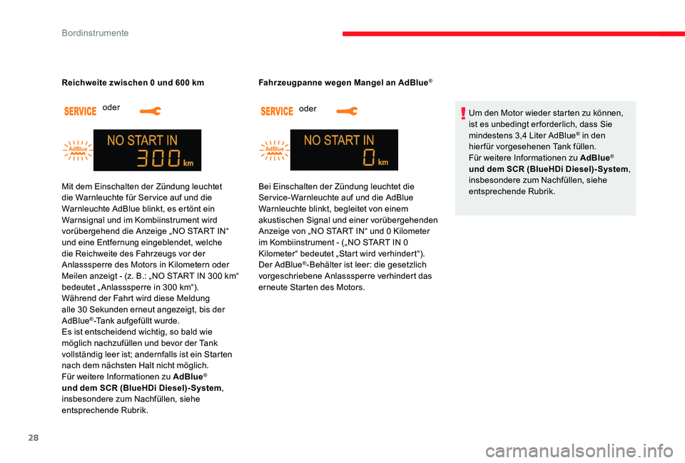 CITROEN C-ELYSÉE 2017  Betriebsanleitungen (in German) 28
oder 
Reichweite zwischen 0 und 600   km
oder 
Fahrzeugpanne wegen Mangel an AdBlue
®
Um den Motor wieder starten zu können, 
ist es unbedingt er forderlich, dass Sie 
mindestens 3,4 Liter AdBlue