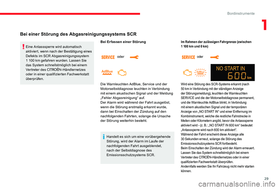 CITROEN C-ELYSÉE 2017 Betriebsanleitungen (in German) 29
Bei einer Störung des Abgasreinigungssystems SCR
Eine Anlasssperre wird automatisch
aktiviert, wenn nach der Bestätigung eines
Defekts im SCR Abgasreinigungssystem
1 100 km gefahren wurden. L CITROEN C-ELYSÉE 2017 Betriebsanleitungen (in German) 29
Bei einer Störung des Abgasreinigungssystems SCR
Eine Anlasssperre wird automatisch
aktiviert, wenn nach der Bestätigung eines
Defekts im SCR Abgasreinigungssystem
1 100 km gefahren wurden. L