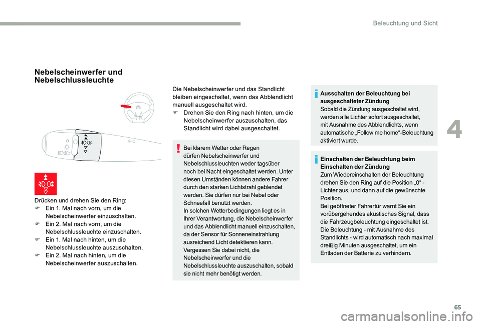 CITROEN C-ELYSÉE 2017 Betriebsanleitungen (in German) 65
Nebelscheinwerfer und
Nebelschlussleuchte
Drücken und drehen Sie den Ring:
F E in 1. Mal nach vorn, um die
Nebelscheinwerfer einzuschalten.
F
E
in 2. Mal nach vorn, um die
Nebelschlussleucht CITROEN C-ELYSÉE 2017 Betriebsanleitungen (in German) 65
Nebelscheinwerfer und
Nebelschlussleuchte
Drücken und drehen Sie den Ring:
F E in 1. Mal nach vorn, um die
Nebelscheinwerfer einzuschalten.
F
E
in 2. Mal nach vorn, um die
Nebelschlussleucht