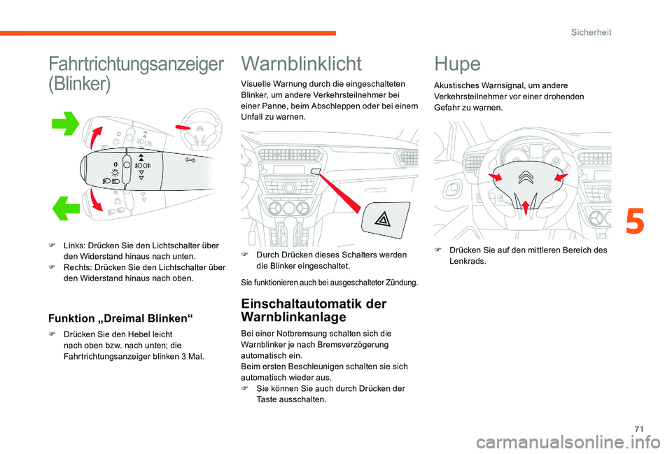 CITROEN C-ELYSÉE 2017 Betriebsanleitungen (in German) 71
Fahrtrichtungsanzeiger
(Blinker)
F Links: Drücken Sie den Lichtschalter über den Widerstand hinaus nach unten.
F
R
echts: Drücken Sie den Lichtschalter über
den Widerstand hinaus nach oben CITROEN C-ELYSÉE 2017 Betriebsanleitungen (in German) 71
Fahrtrichtungsanzeiger
(Blinker)
F Links: Drücken Sie den Lichtschalter über den Widerstand hinaus nach unten.
F
R
echts: Drücken Sie den Lichtschalter über
den Widerstand hinaus nach oben
