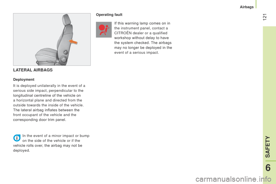 Citroen NEMO RHD 2014.5 1.G Owners Manual 121
LATERAL AIRBAGS
Deployment
It is deployed unilaterally in the event of a
serious side impact, perpendicular to the
longitudinal centreline of the vehicle on
a horizontal plane and directed fro Citroen NEMO RHD 2014.5 1.G Owners Manual 121
LATERAL AIRBAGS
Deployment
It is deployed unilaterally in the event of a
serious side impact, perpendicular to the
longitudinal centreline of the vehicle on
a horizontal plane and directed fro