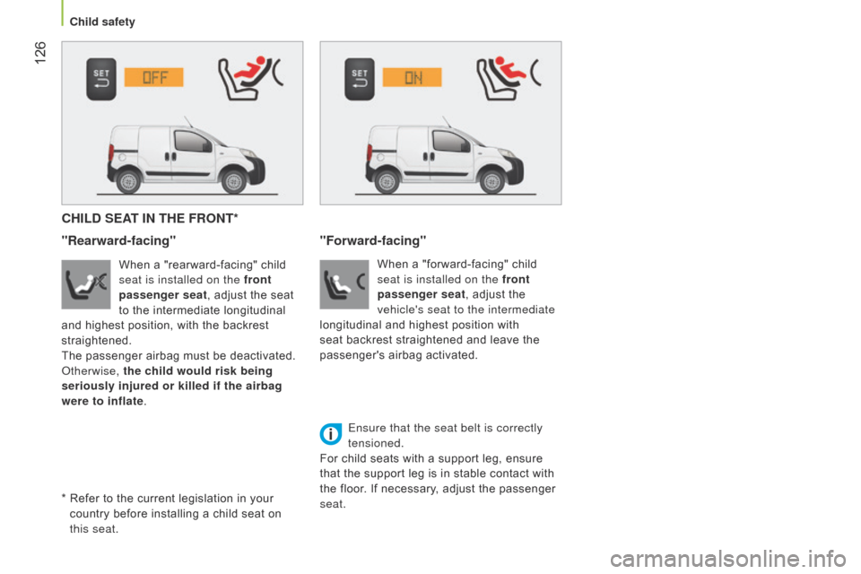 Citroen NEMO RHD 2014.5 1.G Owners Manual 126
CHILD SEAT IN THE FRONT*
"Rearward-facing"
When a "rearward-facing" child
seat is installed on the front
passenger seat, adjust the seat
to the intermediate longitudinal
and highest position, Citroen NEMO RHD 2014.5 1.G Owners Manual 126
CHILD SEAT IN THE FRONT*
"Rearward-facing"
When a "rearward-facing" child
seat is installed on the front
passenger seat, adjust the seat
to the intermediate longitudinal
and highest position,