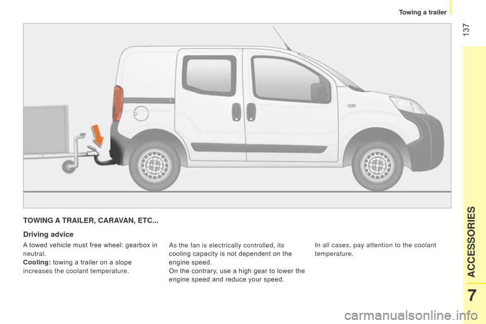 Citroen NEMO RHD 2014.5 1.G Owners Manual  137
TOWING A TRAILER, CARAVAN, ETC...
Driving advice
as the fan is electrically controlled, its 
cooling capacity is not dependent on the  
engine speed.
On the contrary, use a high gear to lower the