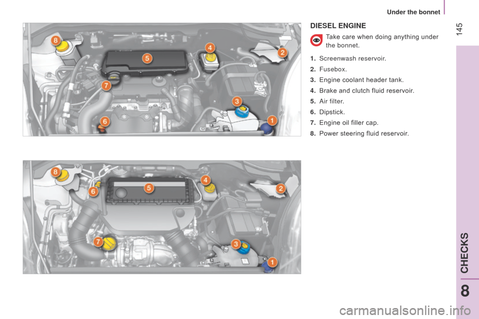 Citroen NEMO RHD 2014.5 1.G Owners Manual  145
DIESEL ENGINE
Take care when doing anything under 
the bonnet.
1.
 
Screenwash reservoir
 .
2.
 
Fusebox.
3.
 
Engine coolant header tank.
4.

 
Brake and clutch fluid reservoir
 .
5.
  a
ir filt