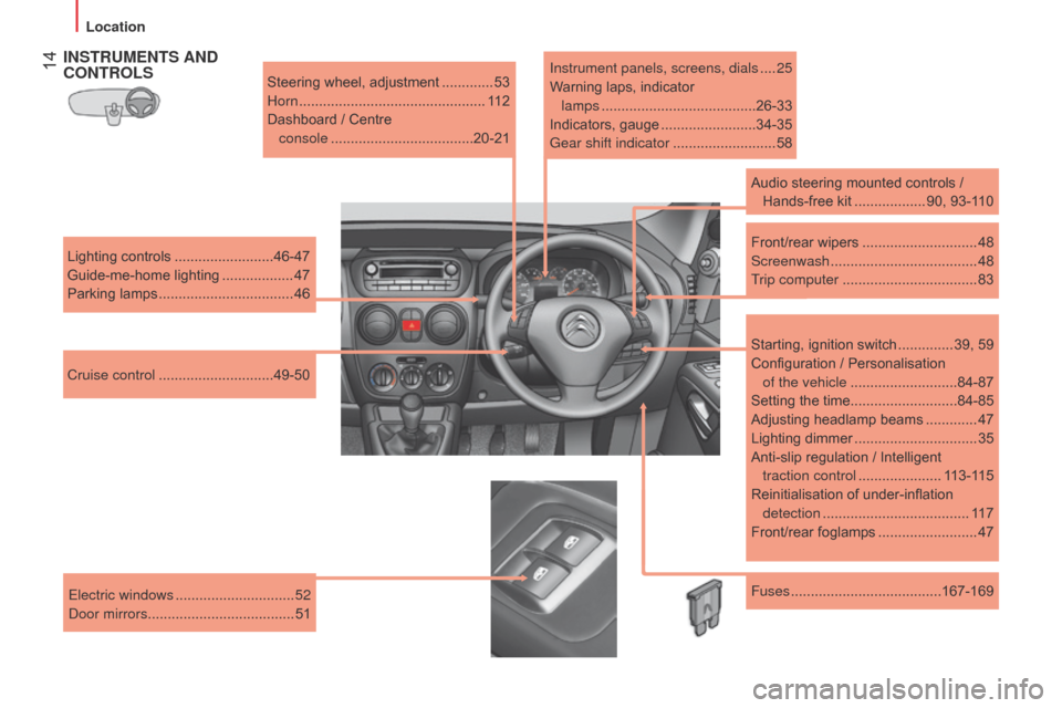 Citroen NEMO RHD 2014.5 1.G User Guide  14INSTRUMENTS AND  
CONTROLS
Steering wheel, adjustment  .............53
Horn   ............................................... 11 2
Dashboard / Centre   
console
 

.................................