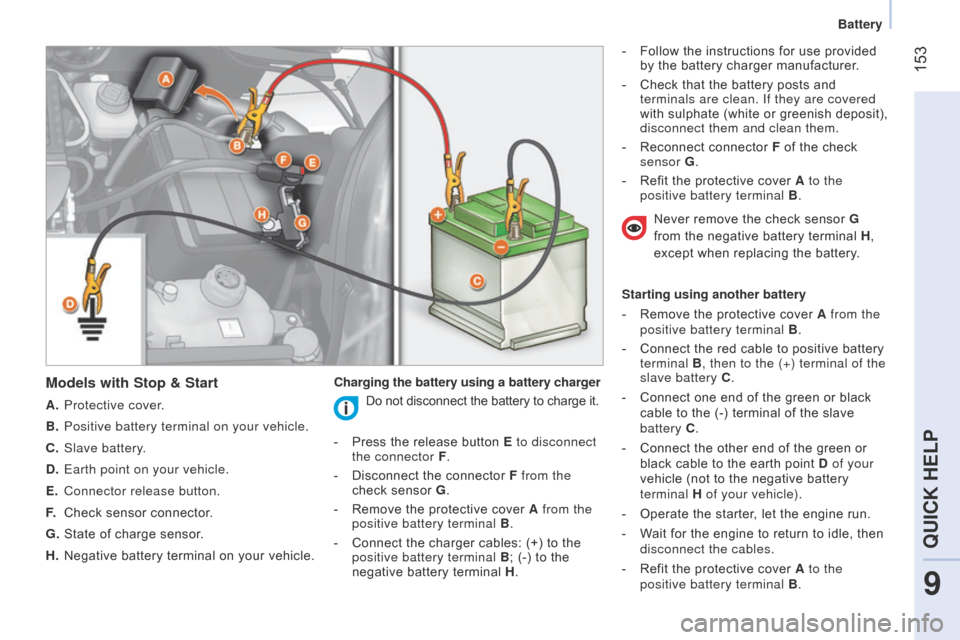 Citroen NEMO RHD 2014.5 1.G Owners Guide 153
Models with Stop & Start
A. Protective cover.
B.
Positive battery terminal on your vehicle.
C.
Slave battery
.
D.
Earth point on your vehicle.
E.
Connector release button.
F.
Check se Citroen NEMO RHD 2014.5 1.G Owners Guide 153
Models with Stop & Start
A. Protective cover.
B.
Positive battery terminal on your vehicle.
C.
Slave battery
.
D.
Earth point on your vehicle.
E.
Connector release button.
F.
Check se